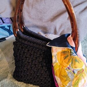 Handcrafted Black Crochet Bag with Plastic Handles